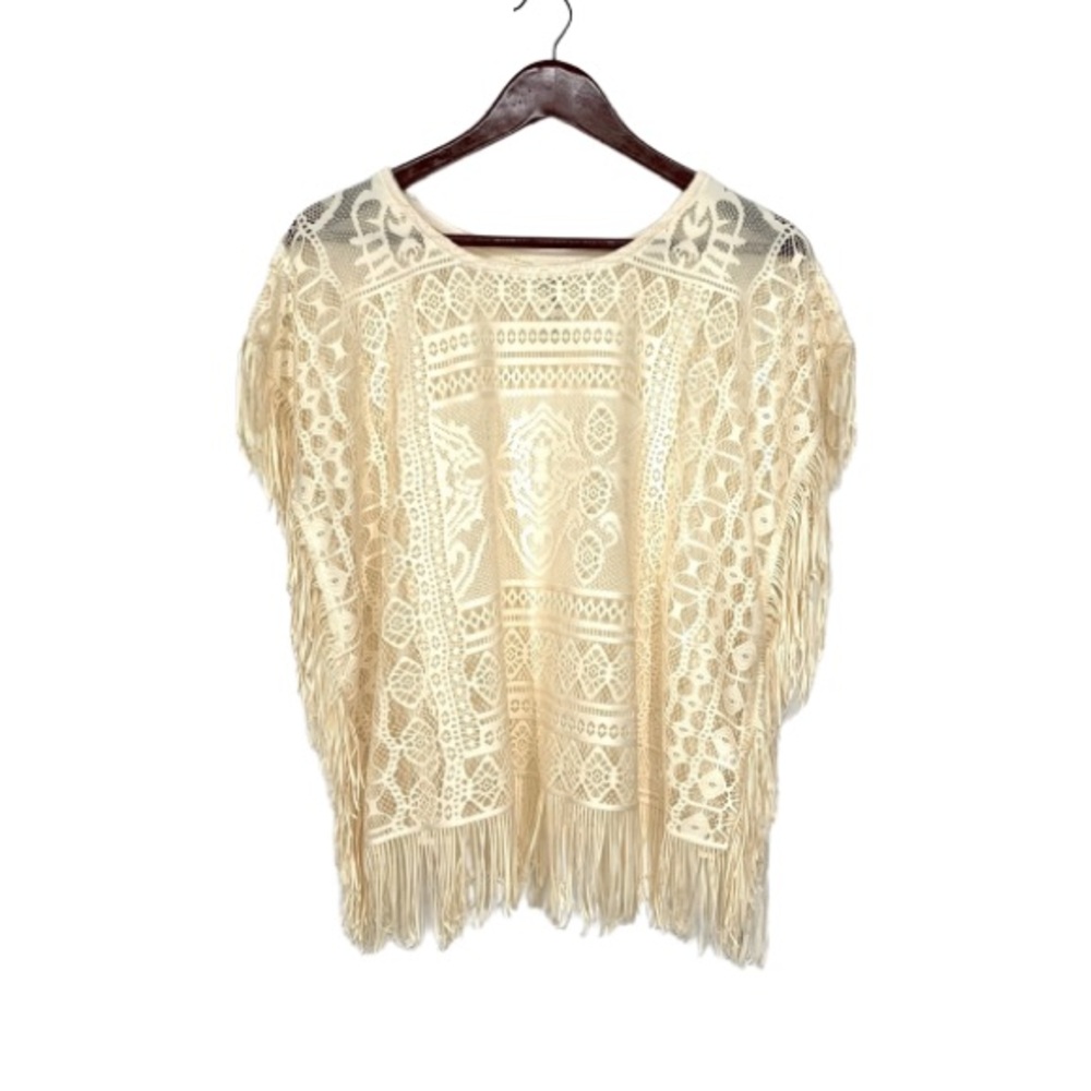 Self Esteem Y2K Crocheted Lace Boho Overlay Blouse With Fringe Warm Ivory Cream